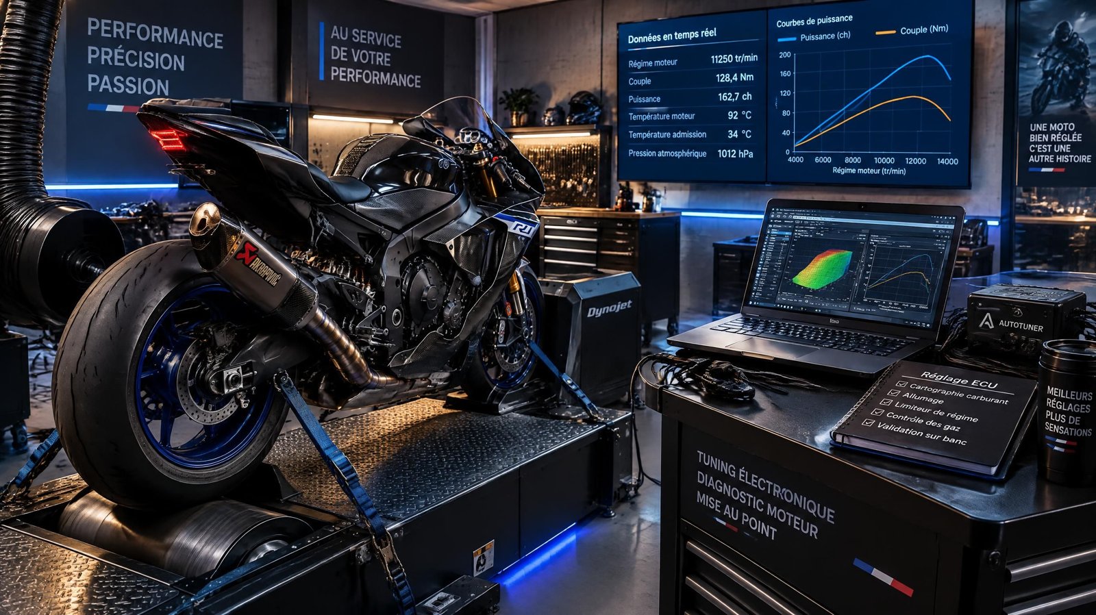 Reprogrammation moto sur banc de puissance — diagnostic et cartographie sur-mesure